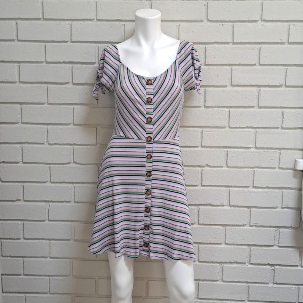 Miami Striped Faux Button Down Tie Sleeve Dress. Size Small NWOT